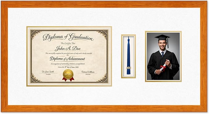 Diploma Tassel and Photo Frame Honey Oak Shadowbox Oyster Shell Over Gold Mat - Fits 11.69 x 8.27 Degree Picture Made in the USA