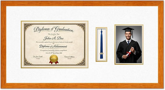 Diploma Tassel and Photo Frame Honey Oak Shadowbox Oyster Shell Over Gold Mat - Fits 11.69 x 8.27 Degree Picture Made in the USA