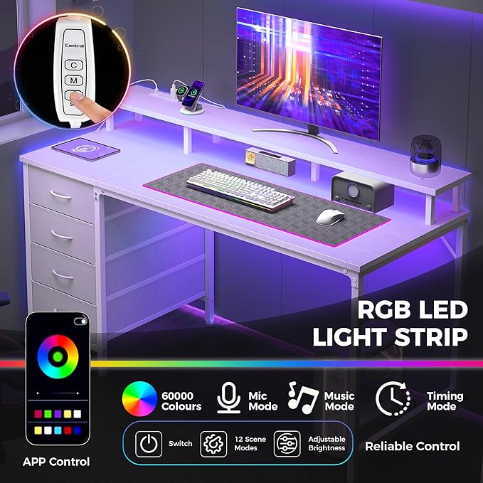 DUMOS Computer Desk with 4 Drawers,4 Drawer Gaming Desk with with Power Outlets and LED Lights,Office Desk for Small Spaces with Monitor Shelf,Writing Desk for Home Office, Bedroom,Study 39 Inch White