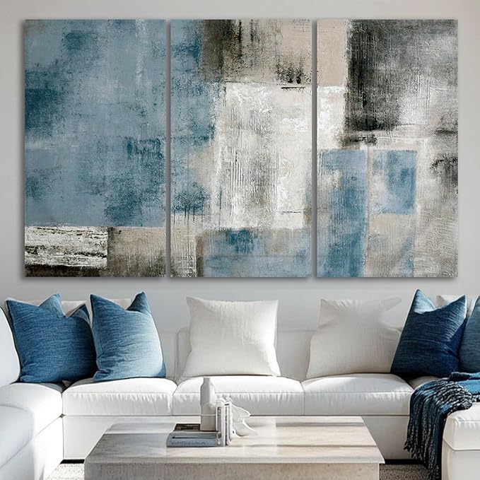SDYA Large Blue Abstract Wall Art Set Of 3 Canvas 24x48 In,Modern Blue Grey Minimalist Painting,Contemporary Wall Decor Pictures for Living Room