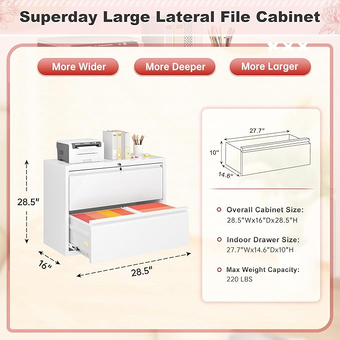 Superday Lateral File Cabinet 2 Drawer Metal File Cabinet with Lock, White Filing Cabinets for Home Office, Locking Filing Cabinets Hanging Files Letter/Legal/F4/A4