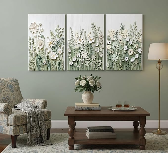 3 Pcs Sage Green Wildflowers Canvas Wall Art Neutral Minimalist Abstract Boho Floral Botanical Painting Pictures Wall Decor Poster Print Artwork for Living Room Bedroom Home Decoration