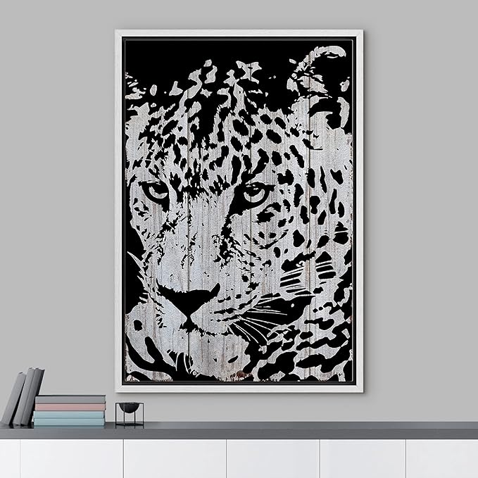 IDEA4WALL Framed Canvas Print Wall Art Grayscale Spotted Leopard on Grey Wood Panels Animals WildLife Illustrations Modern Art Tropical Portrait for Living Room, Bedroom, Office - 16"x24" WHITE