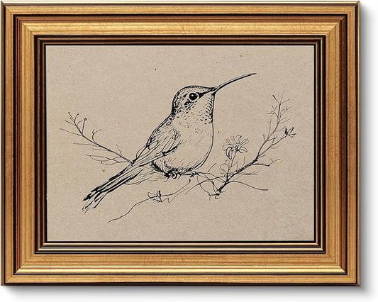 VIYYIEA Vintage Gold Framed Wall Art for Living Room, Hummingbird Canvas Prints Home Decor, Oil Painting Picture, Bedroom Wall Decor Gifts for Friends or Family -【Resting Hummingbird】-(10L x 8W)