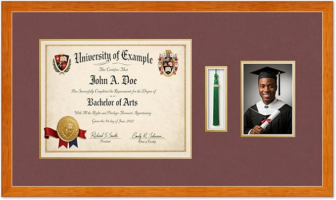 Diploma Tassel and Photo Shadowbox Fits 14 x 11 College Diploma (Modern) with Tassel Hook Honey Oak Genuine Hardwood with Dark Red Over Metallic Gold Double mat