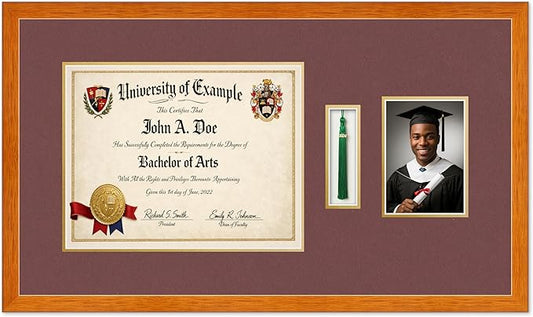 Diploma Tassel and Photo Shadowbox Fits 14 x 11 College Diploma (Modern) with Tassel Hook Honey Oak Genuine Hardwood with Dark Red Over Metallic Gold Double mat