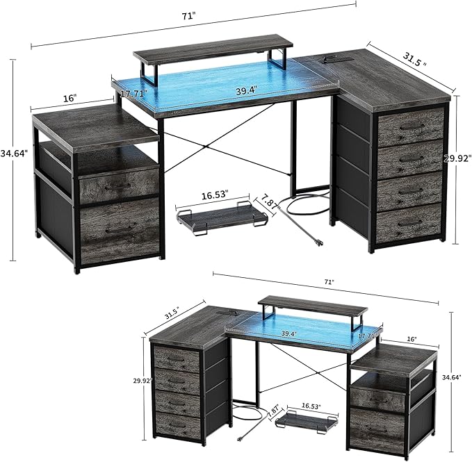 Unikito 70.8" Reversible L Shaped Computer Desk with Fabric File Drawers, Corner Desk with RGB LED Light & Power Outlets & Monitor Stand, Large Gaming Desk for Home Office Workstation, Black Oak