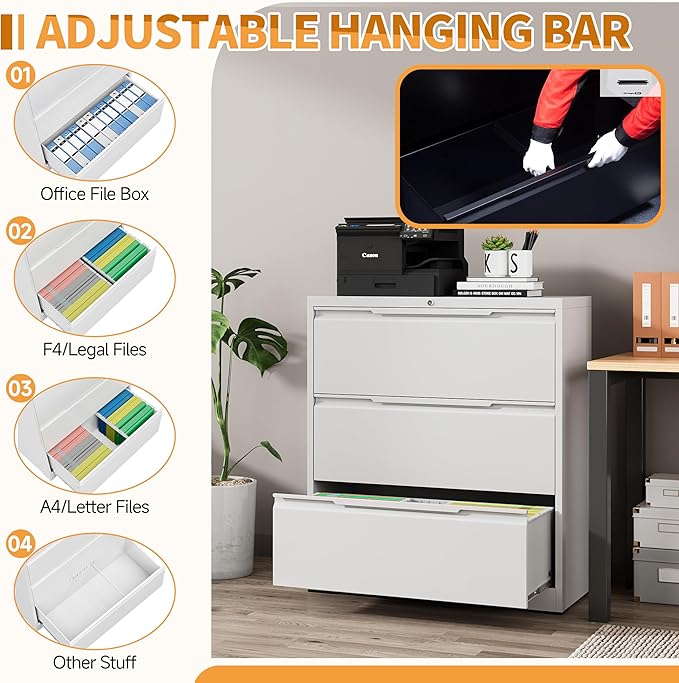 3-Drawer Metal File Cabinet with Lock,Steel Printer Stand with Storage for Home Office,Lateral Filing Cabinet for Legal/Letter/A4 Files,Assembly Required(35.43''W-3 Drawers,White)