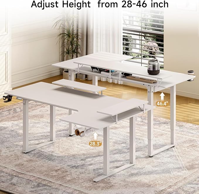 L Shaped Electric Standing Desk, 71x43'' Computer Desks with 2 Monitor Shelves, Dual Motor and Memory Controller, Gaming Corner Desk Adjustable Height from 28-46'' for Home Office Workstation, White