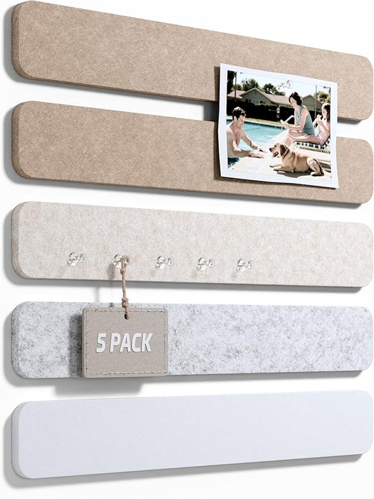 Fluxynara Cork Board Alternative Felt Strip Board 5-Pack 13"x2", Office Pin Board with 35 Push Pins, Adhesive Install for Bedroom Door & Home Office(Stone Beige)
