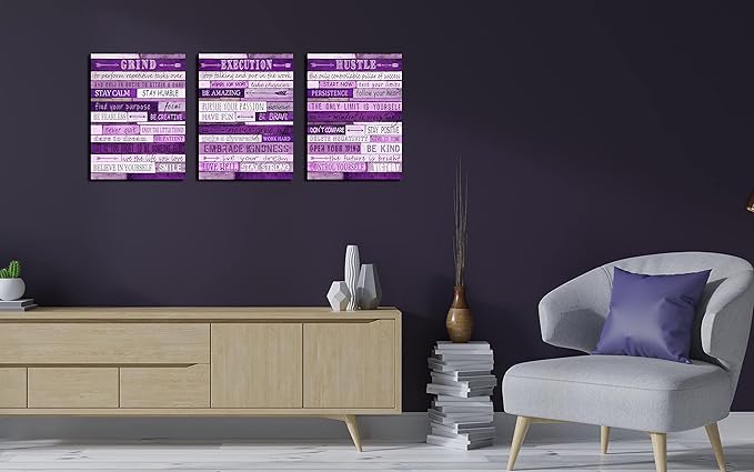 Purple Pictures Wall-Decor - Inspirational Canvas Wall Art For Office - Motivational Gifts For Women Ready To Hang Size 12" x 16" x 3 Pieces