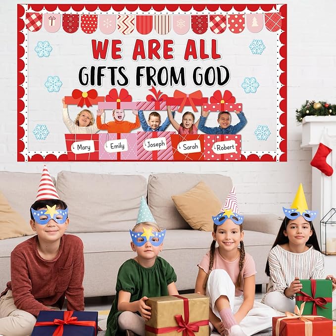 Christmas Bulletin Board Decoration Set Christmas WE are All Gifts from God Classroom Bulletin Board Decor DIY Photo Religious Christian Xmas Gift Boxes Name Labels Cutouts for School Chalkboard Wall