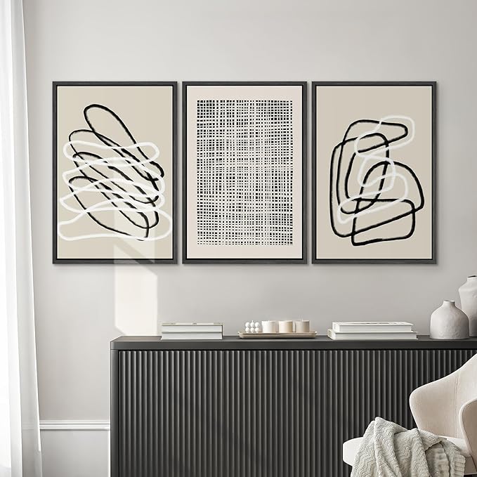 SIGNWIN Framed Canvas Print Wall Art Set Grunge Watercolor Paint Strokes Abstract Shapes Cozy Neutral Modern Art Decorative Boho Relax/Zen Nordic for Living Room, Bedroom, Office - 24"x36"x3 Black