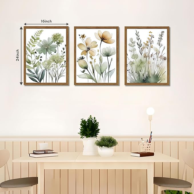 Wood Framed Sage Green Botanical Wall Art Set of 3, Boho Floral Canvas Wall Decor Paintings, Minimalist Flower Posters Prints Pictures for Bedroom Bathroom Living Room Home Decor 16x24 Inch