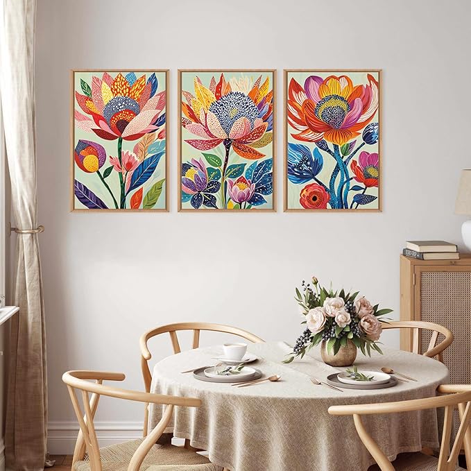 HPINUB Abstract Botanical Floral Framed Canvas Wall Art Set,Colorful Dot Art Modern Flower Wall Decor,Vibrant Blooming Flowers Artwork Eye-Catching Boho Art Print for Living Room,Bedroom-24 x36 x3