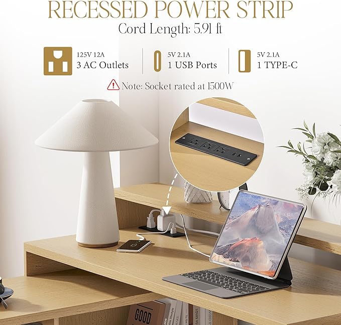 67" L Shaped Executive Desk with Drawers & Storage Shelf, Corner Computer Desk with Power Outlets, Home Office Desk with Monitor Stand, Printer Shelf, Computer Writing Desk for Work, Oak