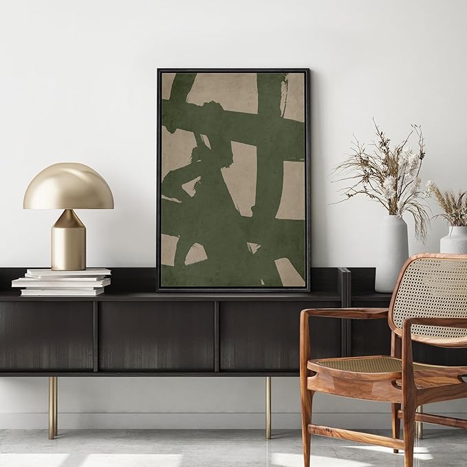 MUDECOR Framed Canvas Print Wall Art Green Abstract Brushstroke Illustrations Minimalism Decorative Relax Colorful for Living Room, Bedroom, Office - 24"x36" Black