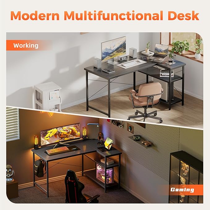 Mericonia Small L Shaped Computer Desk, Reversible Gaming Desk with Storage Shelves, Corner Gamer Desk Table, Study Writing Table