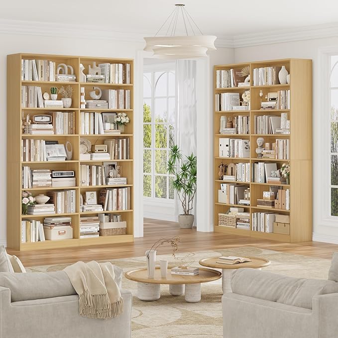 FACBOTALL 83.6" Tall Bookshelf and Bookcase, 7-Tier Extra Large Bookshelf with Double Storage, 14 Open Display Shelves for Home Office, Study and Living Room, Natural