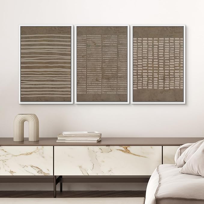 SIGNWIN Framed Canvas Print Wall Art Set Grunge Geometric Brown Line Art Graffiti & Street Art Abstract Illustrations Modern Art Decorative Nordic for Living Room, Bedroom, Office - 24"x36"x3 White