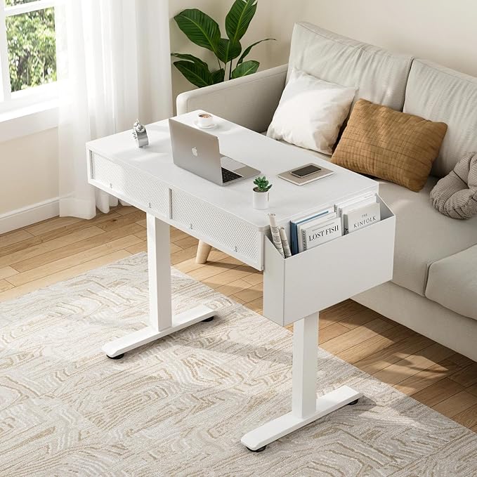 Electric Standing Desk with Drawers, 32 Inch White Small Height Adjustable Sit Stand Desk with Storage for Small Space Home Office Bedroom, Study Writing Stand up Computer Desks for Girls Work