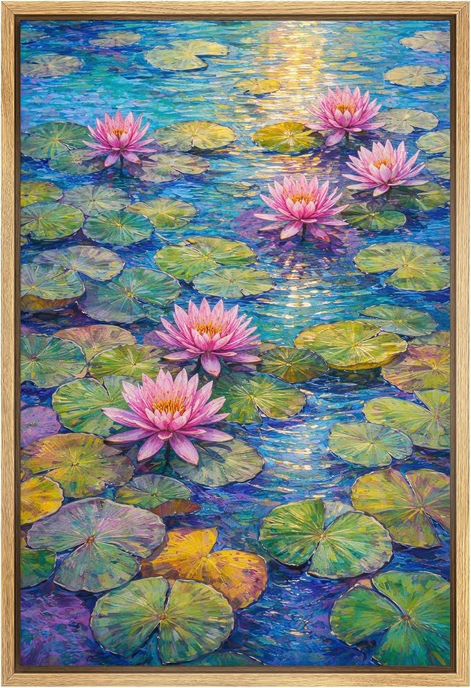SIGNFORD Framed Canvas Print Wall Art Water Lilies in the Light Illustration Minimalism Decorative Colorful Mid-Century for Living Room, Bedroom, Office - 16"x24" NATURAL