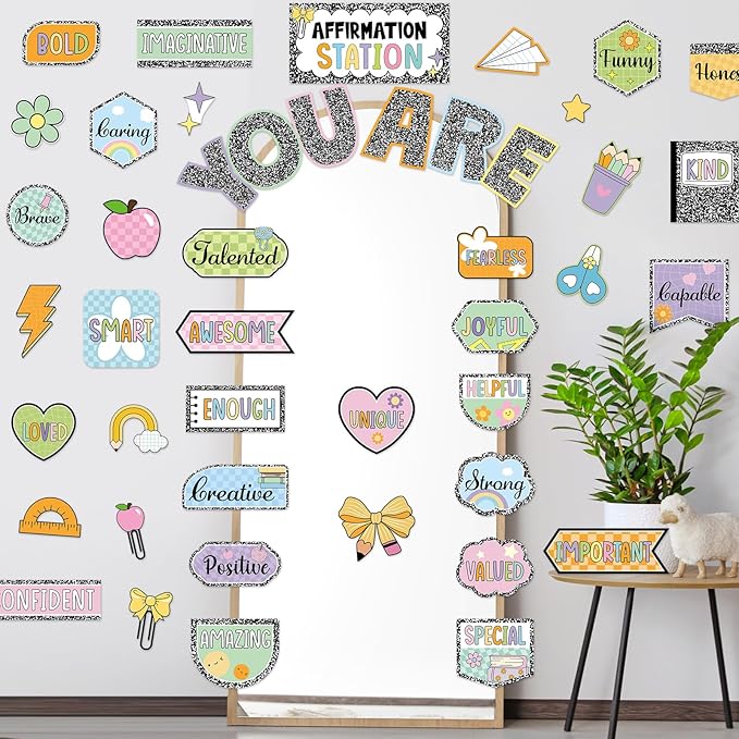 45pcs Composition Affirmation Station Bulletin Board Set Motivational Posters Classroom Mirror Growth Mindset Decor Positive Affirmations Accents Cutouts for School Office Home Teacher Wall