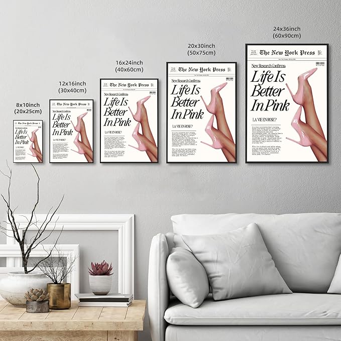 Trendy Baby Pink Hot Girl Poster Life Is Better In Pink Newspaper Wall Art Retro High Heel Picture 70s News Headline Canvas Prints Aesthetic Decor for Girly Bedroom Dorm 8x12inch Aluminum Framed
