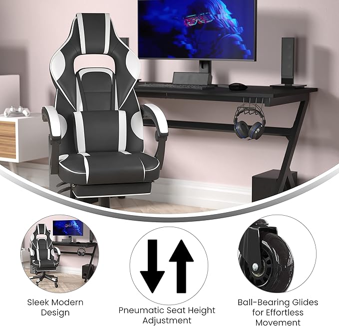 Flash Furniture X40 Gaming Chair Racing Computer Chair with Fully Reclining Back/Arms and Transparent Roller Wheels, Slide-Out Footrest, - White