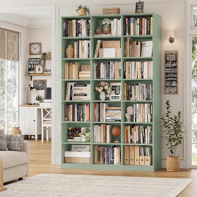 HOSTACK 86" H Triple Wide Bookshelf and Bookcase, 7 Tier Tall Bookshelf with Storage, Large Bookcase with 21 Open Display Storage Shelves, Wood Book Shelf Media CD DVD Storage for Living Room, Green