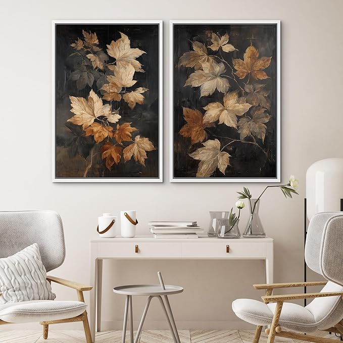 SIGNWIN Framed Canvas Print Wall Art Set Golden Brown Botanical Leaves Vintage Nature Illustrations Modern Art Minimal Boho Relax/Calm for Living Room, Bedroom, Office - 24"x36"x2 White