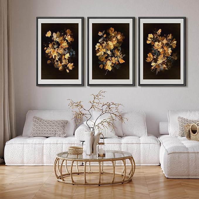 SIGNFORD Framed Wall Art Print Set Golden Blossom Watercolor Floral Warm Botanical Digital Art Modern Art Contemporary for Living Room, Bedroom, Office - 16"x24"x3 BLACK