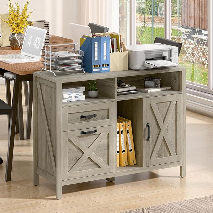 Farmhouse File Cabinet with Doors, Lateral Filing Cabinet with 2 Drawers for Letter/A4 Size Hanging Files, Large Wooden Printer Stand with Open Shelf for Home Office, Rustic Grey