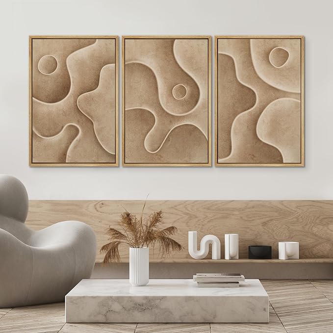SIGNWIN Framed Canvas Print Wall Art Set Textured Sand Art Organic Curved Shapes in Neutral Tones Illustrations Modern Art Decorative Abstract for Living Room, Bedroom, Office - 24"x36"x3 Natural