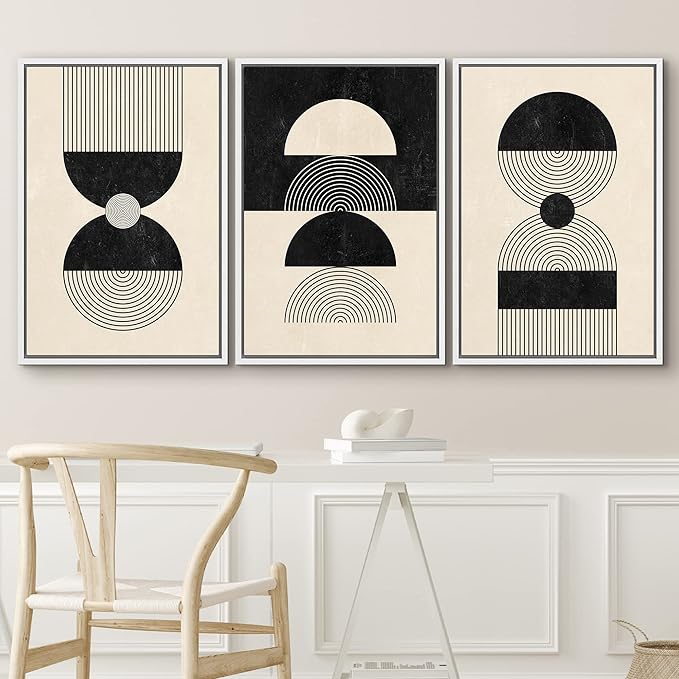 IDEA4WALL Framed Canvas Print Wall Art Set Geometric Black Tan Striped Circle Polygon Collage Abstract Shapes Illustrations Modern Art Nordic for Living Room, Bedroom, Office - 24"x36"x3 White