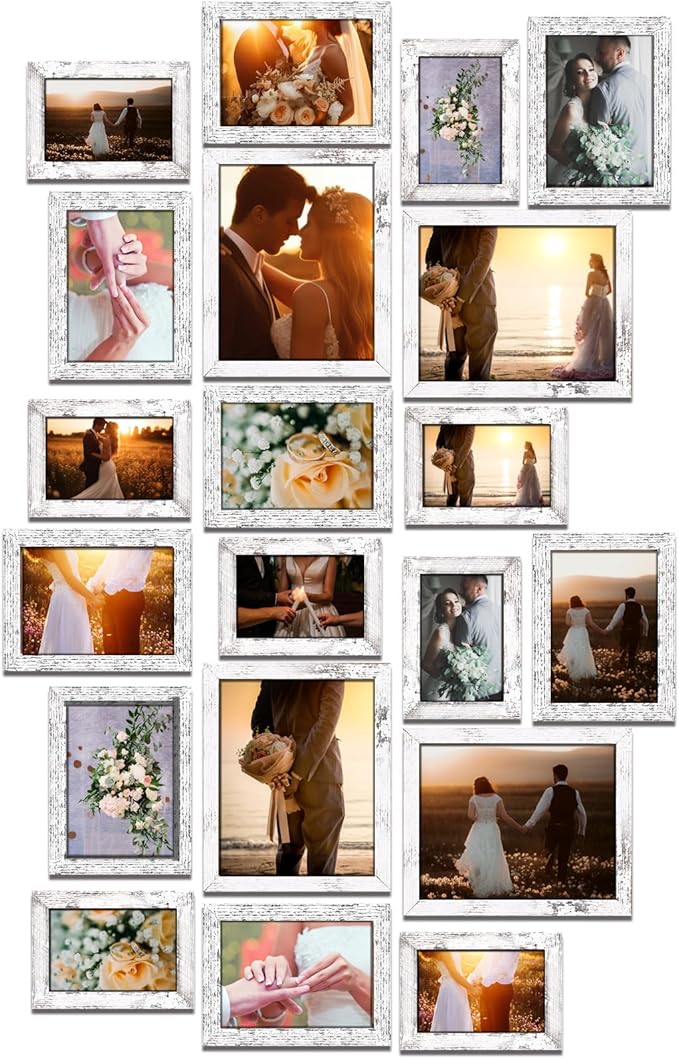 Namalu 20 Pcs Gallery Wall Frames Set Rustic Picture Frames Collage Assorted Photo Wall Decor Pack for Hanging or Tabletop Display Multi Sizes with 8 x 10, 5 x 7, 4 x 6 (White)