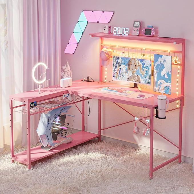 Bestier Gaming Desk 51" L-Shaped, with Power Outlets & LED Lights- 4 Tier Shelves, Reversible Gamer Table with Hooks & Cup Holder for Home Office Carbon Fiber Pink