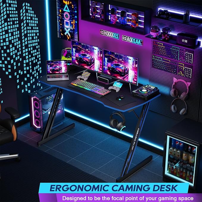 BestOffice Gmaing Desk Z Shaped 47 inch PC Computer Desk Computer Workstation Ergonomic Gaming Table with Headphone Hook for Game Players, Black&Blue