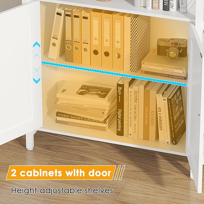 Semoic 6-tire Farmhouse White Corner Book Shelf with 2 Barn Doors and 10 Storage Shelves, 71.3" Tall Convertible Etagere Bookcase with Storage Cabinet, Large L Shaped Bookshelf for Living Room(White)