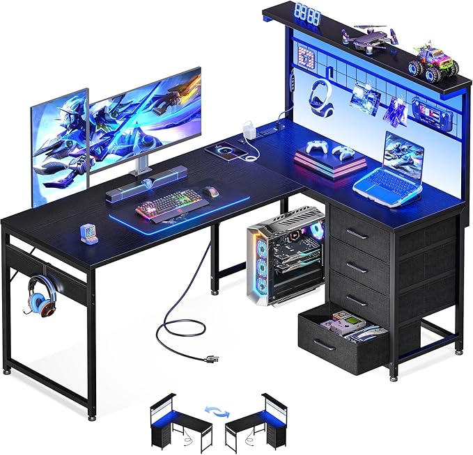MOTPK 51” Large L Shaped Gaming Desk, Corner Computer Table with Shelf & Hutch, 4 Drawers, Reversible Study Desk with LED Light, Power Outlets & USB Ports, Home Office Table, Black