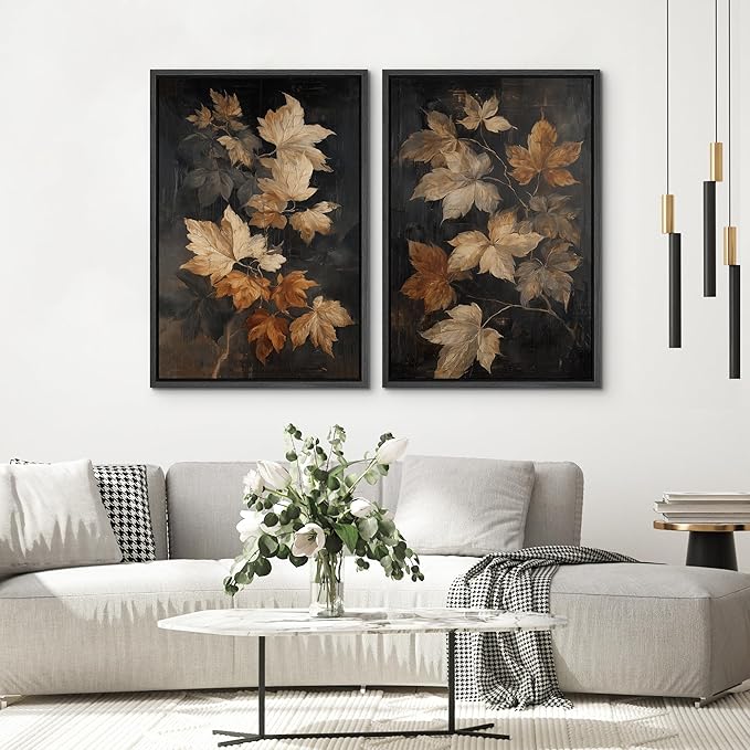 SIGNWIN Framed Canvas Print Wall Art Set Golden Brown Botanical Leaves Vintage Nature Illustrations Modern Art Minimal Boho Relax/Calm for Living Room, Bedroom, Office - 16"x24"x2 Black