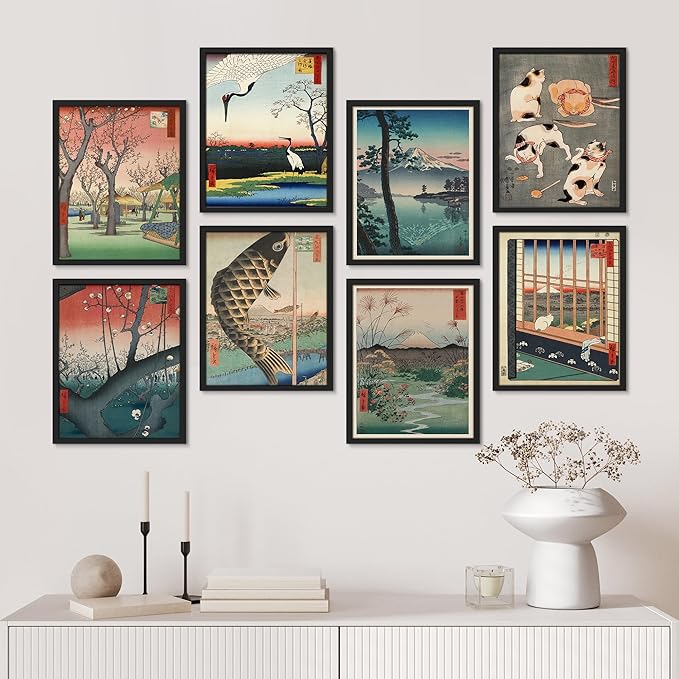 SIGNWIN Framed Poster Wall Art Set of Koinobori The Carp Fish, Plum Park Landscape with 2 Cranes from One Hundred, Plum Blossom in Garden for Living Room, Bedroom, Office - 12"x16"x 8 Black