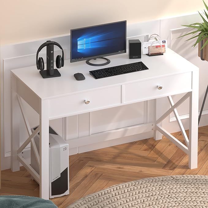 WiberWi Home Office Desk with Drawers White Modern Writing Computer Desk, Small Makeup Vanity Table for Bedroom, Study Table for Home Office