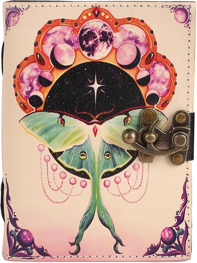 TUZECH Book of Spells Leather Bound Journal Deckle Edge Paper Grimoire Printed Diary Third Eye witchcraft supply and Witch Spell Notebook Antique Vintage Book for Men and Women (Pink Luna Moth)