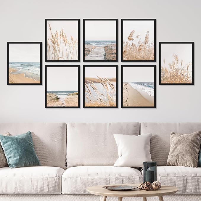 SIGNWIN Framed Poster Wall Art Set of Coastal, Beach Ocean Nature Landscape Prints, Pampas Grass for Living Room, Bedroom, Office - 12"x16"x 8 Black