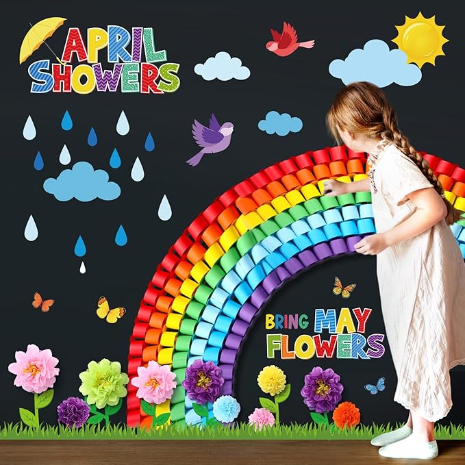 Blosssound Spring Bulletin Board Decorations April Showers Bring May Flowers Decorations 3D Spring Flower Rainbow Cutouts with Paper Flowers Blackboard Wall Decals for School Home Party Decor