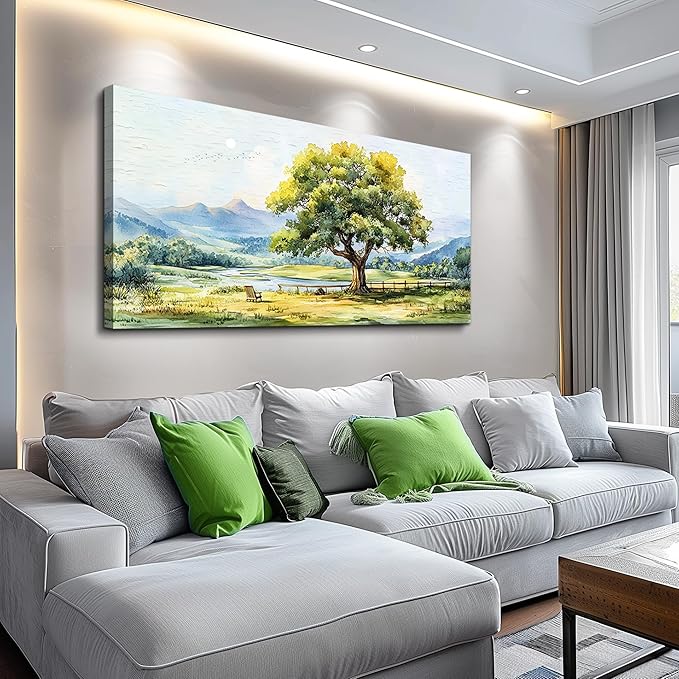 QIYILEXWART Large Wall Decor For Living Room Canvas Wall Art For Office Modern Wall Decorations For Bedroom Green Tree Landscape Painting Farmhouse Pictures Artwork Room Home Decor 24x48 In