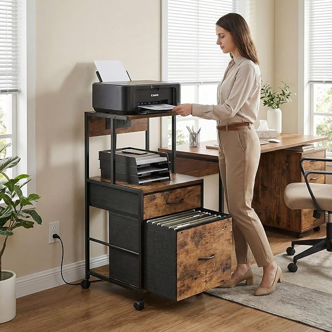 2-Drawer File Cabinets for Home Office, Filing Cabinet with Charging Station, Vertical Office Cabinet with Open Storage Shelf, Printer Stand with Drawer Fits A4 or Letter Size for Home Office