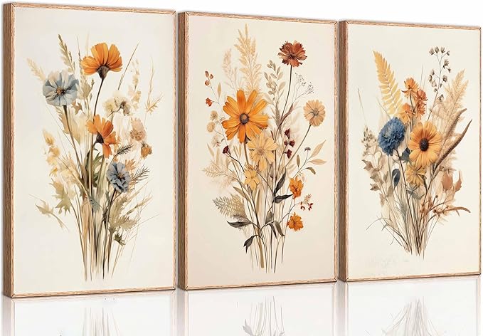 3Pcs Vintage Wildflower Canvas Wall art Country Farmhouse Watercolor Flower Botanical Painting Pictures Wall Decor Floral Poster Print Artwork for Bedroom Living Room Girls Room Decoration Unframed