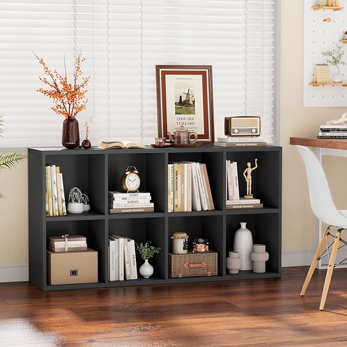 YESHOMY 8 Cube Storage Organizer, Open Frame 2-Tier Bookshelf, Organizer with Adjustable Shelves, Display Storage Bookcase for Living Room, Bedroom, Entrance Hall, Home Office, Modern Black